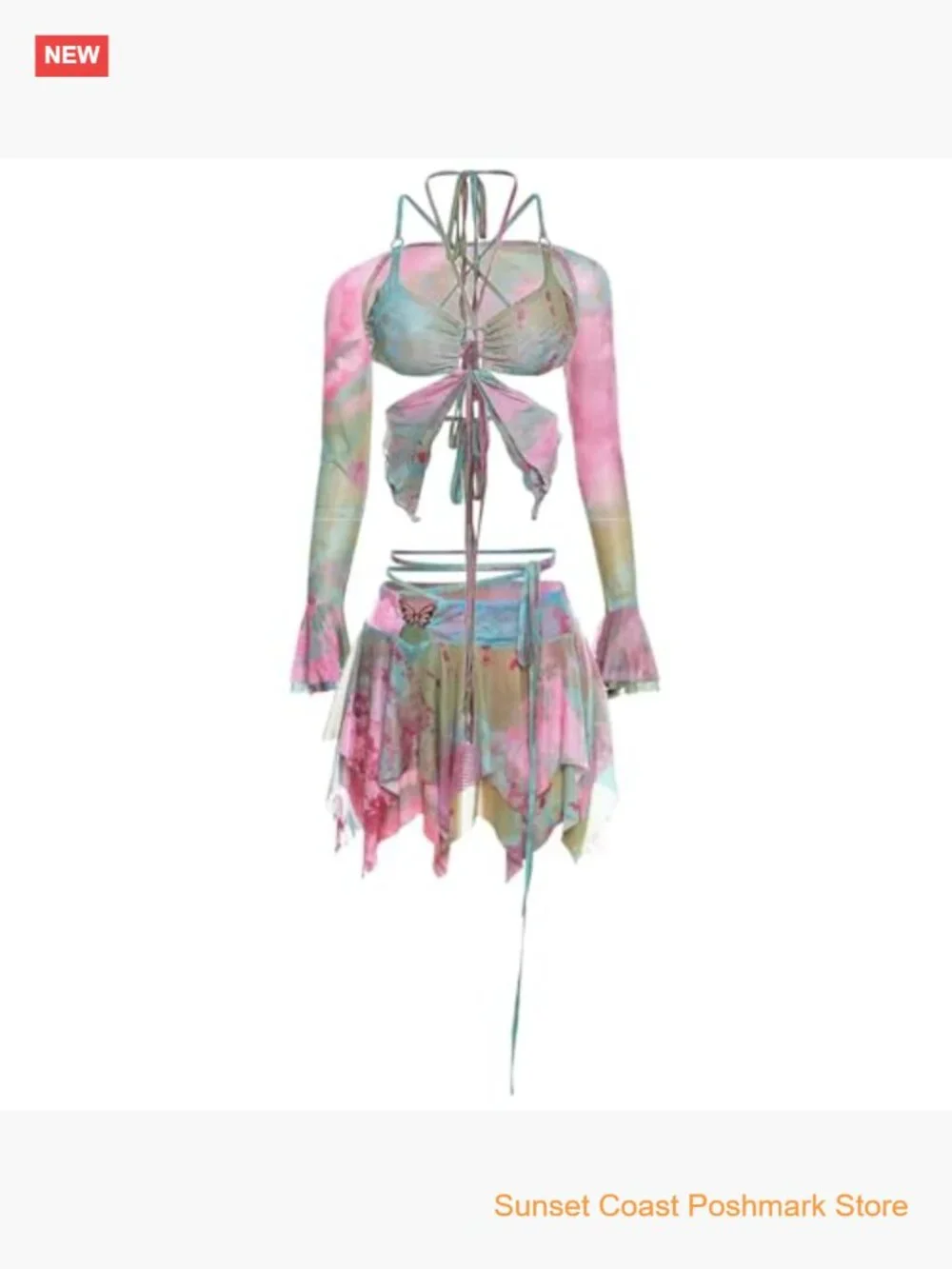 Rave 2 Piece Skirt Set Butterfly Top Mini Skirt Festival Fairycore Beach Y2K